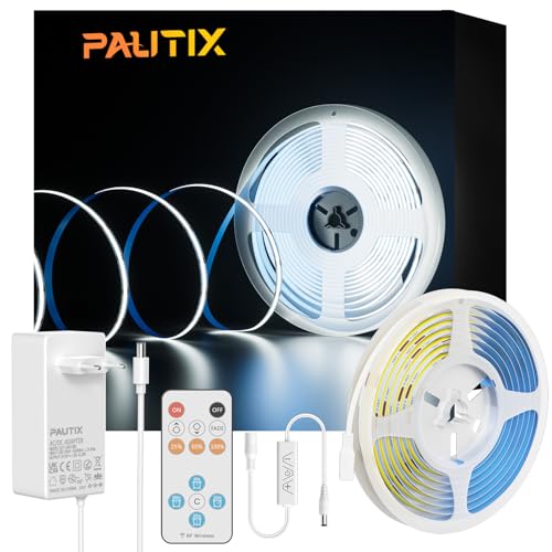 PAUTIX COB LED Streifen Bausatz 6000K KaltesWeiß,Dimmbar 10M 4800LEDs DC24V LED Strip Light,High Lumen LED Band Kit mit RF Remote Timer Funktion und GS Netzteil für Heim und Küchenbeleuchtung von PAUTIX
