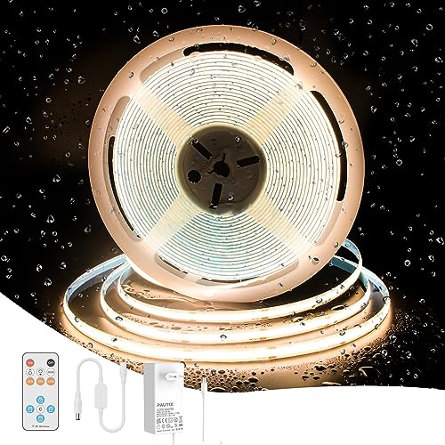 PAUTIX COB LED Streifen Ip65 Wasserdicht 2700K Warmweiss 10M,24V 480LEDs/M Dimmbar CRI93+Flexibel LED Strip lights Set mit RF Fernbedienung und GS Netzteil für Home DIY Dekoration,Timerfunktion von PAUTIX