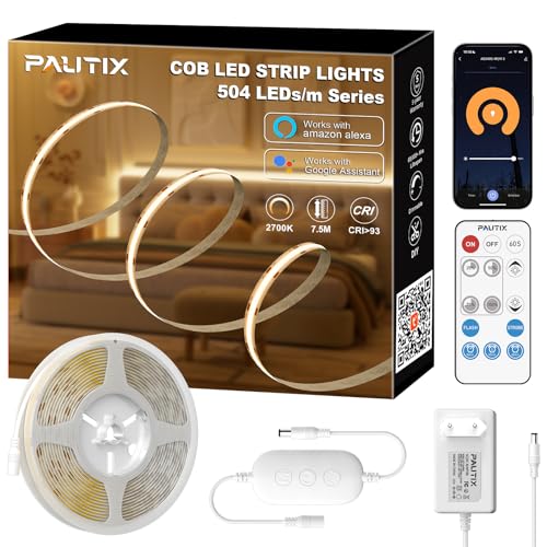 PAUTIX WIFI COB LED Streifen WarmWeiß 2700K 7.5m,504LEDs/M Dimmbar 24V Flexibel LED Streifen Funktion mit Alexa,RF Fernbedienung/Smart App und Netzteil,CRI90+ Helligkeit für Home DIY Dekoration von PAUTIX