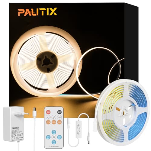 PAUTIX COB LED Streifen Warmweiss 2700K,2m 480LEDs/M Dimmbar 24V Flexibel LED Strip lights Set mit RF Fernbedienung und Netzteil,CRI90+ Hell Unterbauleuchte für Home DIY Dekoration,Timerfunktion von PAUTIX