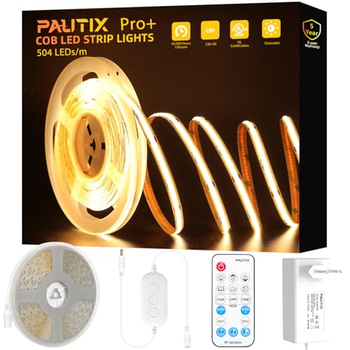PAUTIX COB LED Streifen Warmweiss 2700K,504LEDs/M Dimmbar 7.5m 24V Flexibel LED Strip lights Set mit RF Fernbedienung und Netzteil,CRI90+ Hell Unterbauleuchte für Home DIY Dekoration,Timerfunktion von PAUTIX