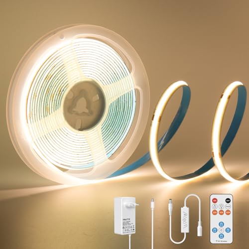 PAUTIX COB LED Streifen Warmweiss 3000K, 3m 480LEDs/M Dimmbar 24V Flexibel LED Strip lights Set mit RF Fernbedienung und Netzteil,CRI 85+ Hell Unterbauleuchte für Home DIY Dekoration,Timerfunktion von PAUTIX