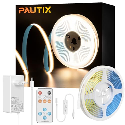 PAUTIX COB LED Streifen Warmweiss 3000K,5m 480LEDs/M Dimmbar 24V Flexibel LED Strip lights Set mit RF Fernbedienung und GS Netzteil,CRI93+ Hell Unterbauleuchte für Home DIY Dekoration,Timerfunktion von PAUTIX