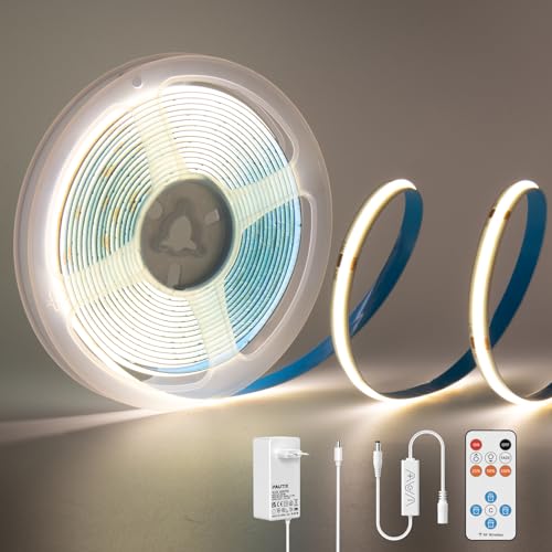 PAUTIX COB LED Streifen Weiß 4000K, 3m 480LEDs/M Dimmbar 24V Flexibel LED Strip lights Set mit RF Fernbedienung und Netzteil,CRI 85+ Hell Unterbauleuchte für Home DIY Dekoration,Timerfunktion von PAUTIX