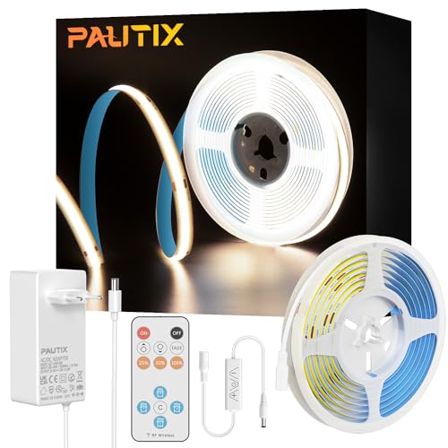 PAUTIX COB LED Streifen Weiß 4000K, 5m 480LEDs/M Dimmbar 24V Flexibel LED Strip lights Set mit RF Fernbedienung und GS Netzteil,CRI93+ Hell Unterbauleuchte für Home DIY Dekoration,Timerfunktion von PAUTIX