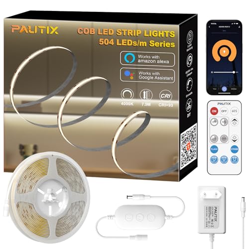 PAUTIX COB LED Streifen Weiß 4000K 7.5m 504LEDs/M Dimmbar 24V Flexibel LED Streifen light Set mit RF Fernbedienung/Smart App/Alexa Steuerung und Netzteil,CRI90+ Helligkeit für Home DIY Dekoration von PAUTIX