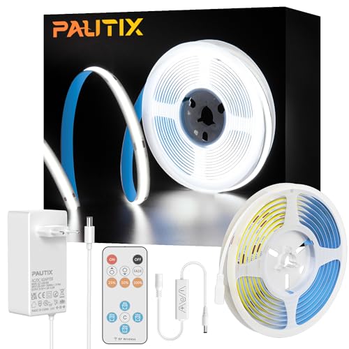 PAUTIX COB LED Streifen kaltesWeiß 6000K,5m 480LEDs/M Dimmbar 24V Flexibel LED Strip lights Set mit RF Fernbedienung und GS Netzteil,CRI93+ Hell Unterbauleuchte für Home DIY Dekoration,Timerfunktion von PAUTIX