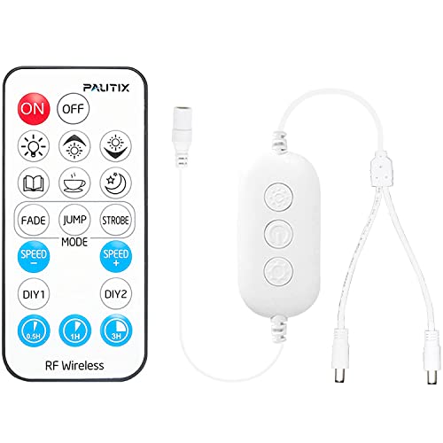 PAUTIX RF Ferndimmer für einfarbige LED Lichtbänder, drahtlose18-Tasten Fernbedienung und 1 bis 2 DC Splitterkabel Inline-Controller DC 5-24V für 3528/2835/5050/COB LED Bandleuchten, Timer Funktion von PAUTIX