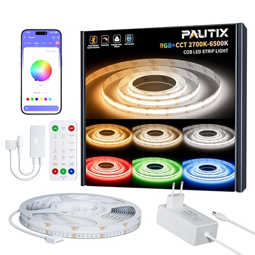 PAUTIX RGBCCT COB LED Streifen 5M,24V LED Strip Kit RGB+WW/CW 2700K-6500K Dimmbar Farbwechselnde LED Band mit RF Fernbedienung und Netzteil,Inklusive Gruppen Kontrolle,Musik Modus für DIY Home Dekor PAUTIX RGBCCT COB LED Streifen 5M,24V LED Strip Kit RGB+WW/CW 2700K-6500K Dimmbar Farbwechselnde LED Band mit RF Fernbedienung und Netzteil,Inklusive Gruppen Kontrolle,Musik Modus für DIY Home Dekor von PAUTIX