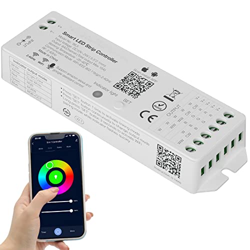 PAUTIX WiFi 5 in 1 LED Steuerung Dimmbar für monochrome CCT RGB RGBW RGBCCT LED Streifen Lichter Kompatibel mit Tuya APP/Smart Life/Alexa/Google Home/Siri,DC12-24V Lichtersteuerung (ohne Batterie) von PAUTIX