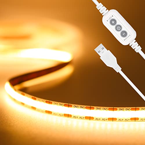 PAUTIX USB 5V LED Streifen Warmweiss 2M, 640LEDs Dimmbar COB LED Strip Lights CRI90+ 2700K TV Hintergrundbeleuchtung,Flexibel Unterbodenleuchte für Küche,Schlafzimmer,Zuhause DIY Beleuchtung von PAUTIX