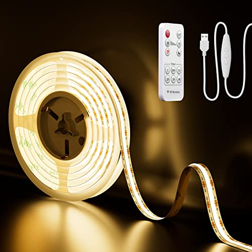 PAUTIX USB 5V LED Streifen Warmweiss 2M mit RF Fernbedienung, 640LEDs 3000K Dimmbar COB LED Strip Lights CRI85+ TV Hintergrundbeleuchtung,Flexibel Unterbodenleuchte für Küche,Zuhause DIY Beleuchtung von PAUTIX