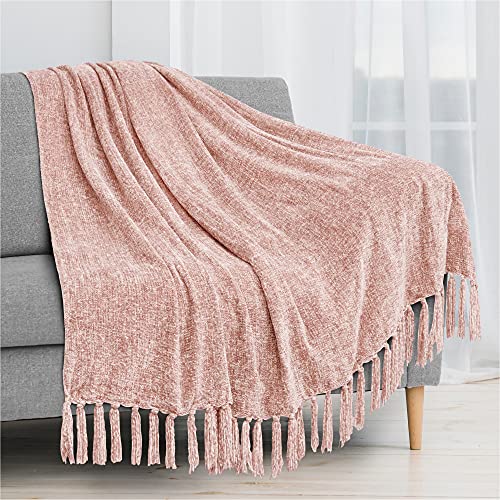 PAVILIA Chenille Quaste Fransen Überwurf Decke | Samtige Textur Dekorative Zwillingsgröße für Sofa Couch Bett Weicher, seidiger, gemütlicher, leichter gestrickter Blush Pink 152,4 x 203,2 cm von PAVILIA