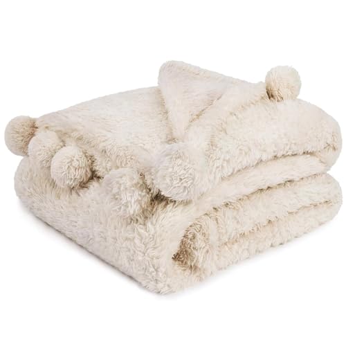 PAVILIA Cozy Pom Pom Throw Blanket | Sherpa Fluffy Fuzzy Plush Fleece Soft Blanket Couch Sofa Bed | Shaggy Faux Fur Warm Boho Tassel Ball Women | Solid Beige Ivory Cream Blanket Pompom, 60x80 Twin von PAVILIA