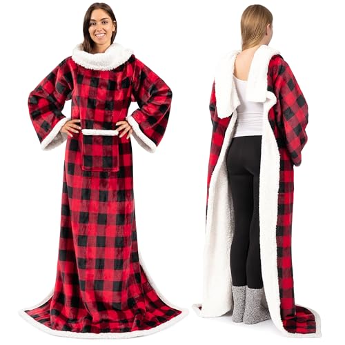 PAVILIA Sherpa Fleece Wearable Blanket with Sleeves for Adult Women Men | Blanket with Arms Pocket Throw for Couch Sofa Home | Cozy Warm Super Soft Plush Lightweight (Checker Red) von PAVILIA