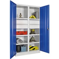 Pavoy Schwerlastschrank H1950 x B1040 x T630, 6 Böden, Schubladen: 4x175, Korpus Lichtgrau / Front Enzianblau von Pavoy