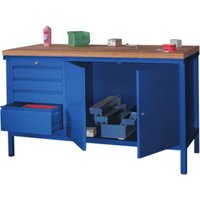 Pavoy Stahl-Werkbank 1500 mm, 1 x 4 Schubladen, 1 Schrank, Korpus / Front Enzianblau von Pavoy