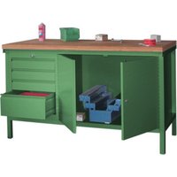 Pavoy Stahl-Werkbank 1500 mm, 1 x 4 Schubladen, 1 Schrank, Korpus / Front Resedagrün von Pavoy