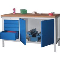 Pavoy Stahl-Werkbank 1500 mm, 1 x 4 Schubladen, 1 Schrank, Korpus Lichtgrau / Front Enzianblau von Pavoy