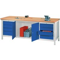 Pavoy Stahl-Werkbank 2000 mm, 2 x 4 Schubladen, 1 Schrank, Korpus Lichtgrau / Front Enzianblau von Pavoy