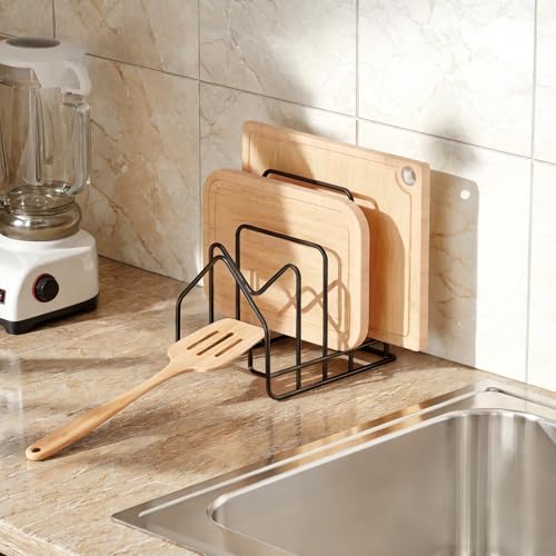 PAVSTINE Schneidebrett Halter mit 4 Fächern, Deckelhalter Schublade für Topfdeckel, Topfdeckelhalter Löffelablage Küche Organizer für Topfdeckel von 16-34cm, Backblech Ständer Aufbewahrung, Schwarz von PAVSTINE