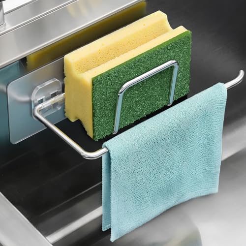 PAVSTINE Schwammhalter Küche für Spülbecken Ohne Bohren, Spülschwammhalter Hängend, Spültuchhalter 304-Edelstahl, Spülschwamm Halterung, Spüllappenhalter mit 2 Selbstklebende Matten, Organizer Silber von PAVSTINE