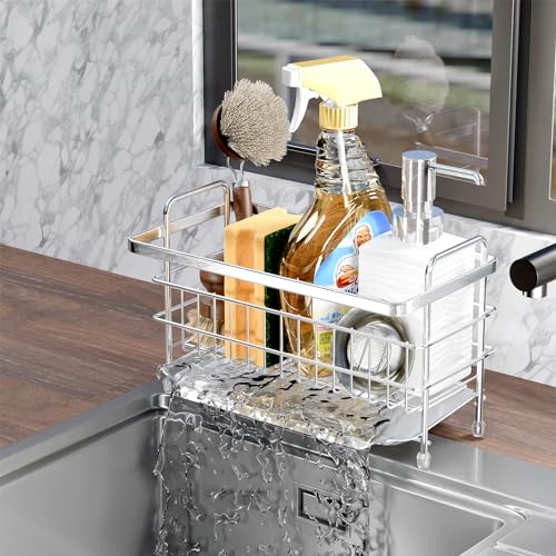 PAVSTINE Spülbecken Organizer Küchen mit Abtropfschale, Spüle Organizer 304-Edelstahl, Schwammhalter Spülorganizer Wände und Arbeitsplatte Dual-Use, Leicht zu reinigen Küchenorganizer（Silbrig） von PAVSTINE