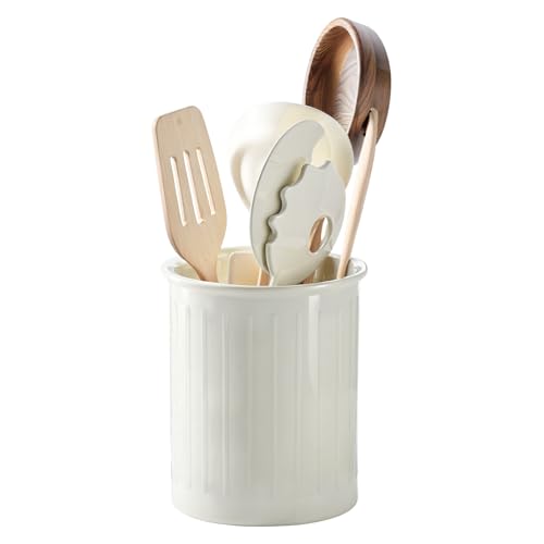 PAVSTINE Küchenutensilienhalter Keramik für Küchentheke, 13,4 x 11 cm Utensilienhalter Küche, Relief Besteckhalter für Küche, Arbeitsplatte Aufbewahrung, Glänzend Glasierte Oberfläche, Weiß von PAVSTINE