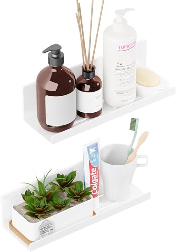 PAVSTINE Badregal Ohne Bohren, Wandregal Bad mit Ablaufloch, Regal Wand Weiß, Schweberegal aus ABS, Kleberegal Bad 2er-Set, Regalbrett für Küche, Badezimmer, Wohnzimmer, Schlafzimmer von PAVSTINE