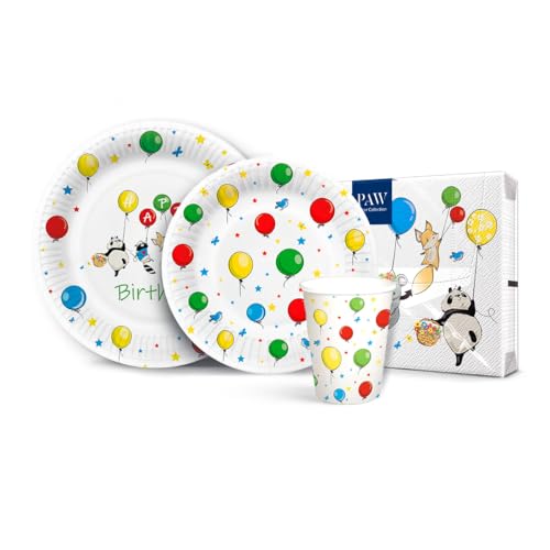 PAW - Partygeschirr Set I 16 Personen, 68 Elemente I Party Geschirrset - 20 x Papierservietten, 32 x Pappteller, 16 x Pappbecher I Einweggeschirr Set - Ballons, Tiere, Geburtstag, Bunt (Balloons) von PAW Decor Collection