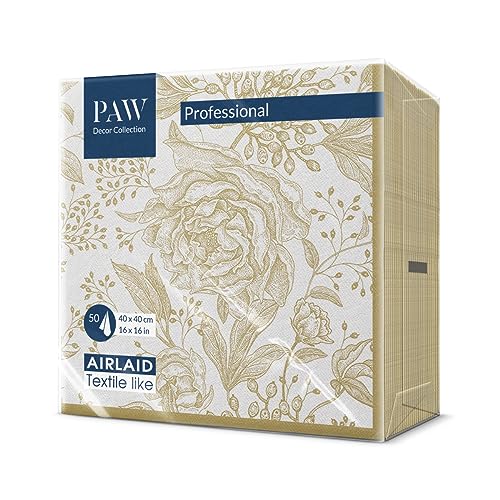 PAW - Servietten aus Airlaid - Stoffähnlich (40 x 40 cm) I 50 Stück I Ideal für Hochzeit, Taufe, Kommunion, Geburtstag I Stoffservietten - Gold, Blätter, Blumen I Farbe: ROSE PEONIES von PAW Decor Collection