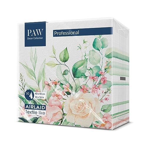 PAW - Servietten aus Airlaid - Stoffähnlich (40 x 40 cm) I 50 Stück I Ideal für Hochzeit, Taufe, Kommunion, Geburtstag I Stoffservietten - Blumen, Rosen I Farbe: Floral Moments von PAW Decor Collection