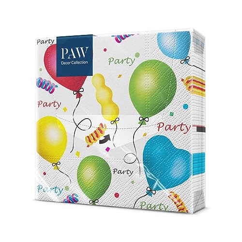 PAW - Servietten 3-lagig (33 x 33 cm) I 20 Stück I Perfekt für Geburtstage, Partys, Hochzeiten, Kommunion und Feiern I Papierservietten Bunt - Luftballons, Herz I Party von PAW
