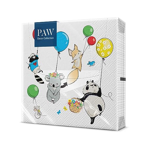 PAW - Servietten 3-lagig (33 x 33 cm) I 20 Stück I Perfekt für Kindergeburtstage, Partys, Kommunion und Feiern I Papierservietten Bunt mit Party Motiv I Tiere, Luftballons, Party - Animals Party von Screws City