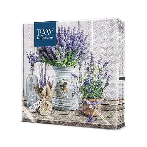 PAW - Servietten 3-lagig (33 x 33 cm) I 20 Stück I Perfekt für Geburtstage, Partys, Hochzeiten, Kommunion und Feiern I Papierservietten Bunt - Sommer, Lavendel, Blumenstrauß I Farbe: Lavender Bucket von PAW