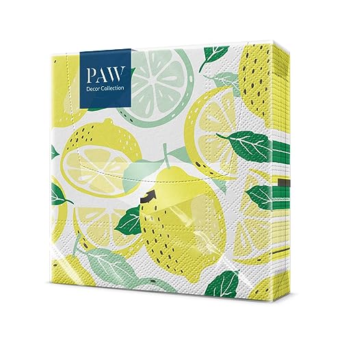 PAW - Servietten 3-lagig (33 x 33 cm) I 20 Stück I Perfekt für Geburtstage, Partys, Hochzeiten, Kommunion und Feiern I Papierservietten Bunt - Muster mit Früchten, Zitronen I Tasty Lemons von PAW Decor Collection