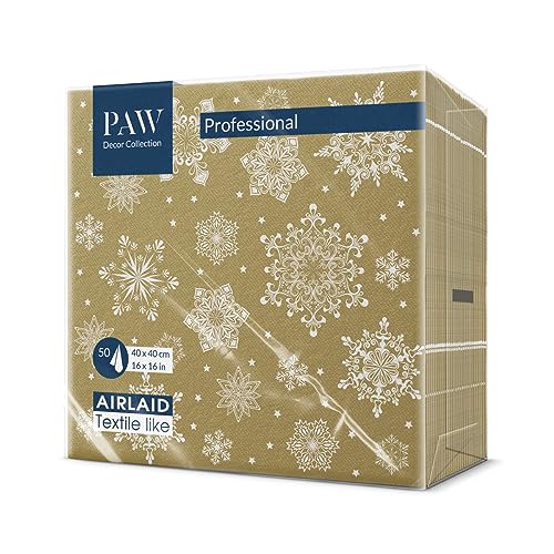 PAW - Airlaid Servietten (40 x 40 cm) I 50 Stück I Perfekt für Weihnachten, Winter, Feiertage I Heiligabend Tischdekoration I Airlaid-Servietten Stoffähnlich - Schneeflocken Gold I Snowflakes gold von PAW Decor Collection