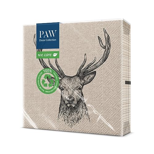 PAW Decor Collection x PAW Decor Collection cm 3-lagige Papierservietten. 20 Stück. Gedruckt mit wasserbasierten Farben. Tischdekoration. Natur, Hirsc, Paw_022022, Deer, 33 x 33 cm von PAW Decor Collection