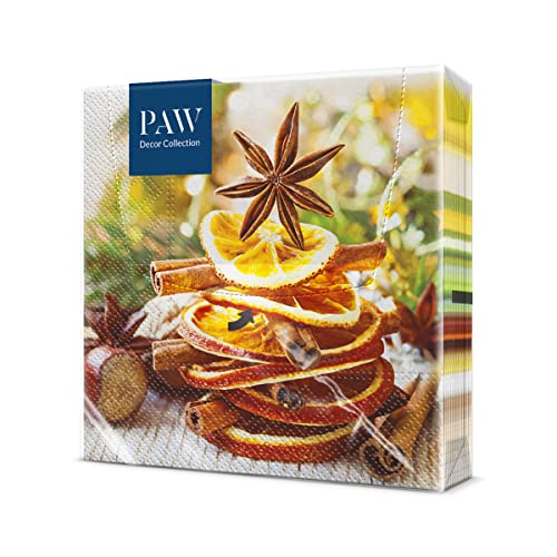PAW Papierservietten, 3-lagig (33 x 33 cm), 20 Stück, Papierservietten, mit Weihnachtsmotiv, Orangen und Zimt, Tischdekoration, ideal für Weihnachten (Christmas Fruit) von PAW