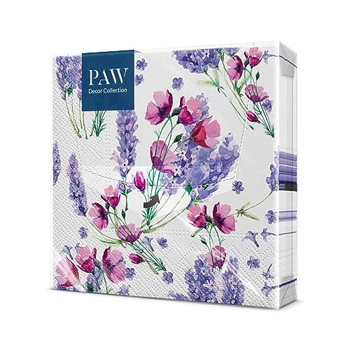 PAW - Servietten 3-lagig (33 x 33 cm) I 20 Stück I Perfekt für Geburtstage, Partys, Hochzeiten, Kommunion und Feiern I Papierservietten Bunt - Lavendel, Blumen I Farbe: Fragrant Lavender von PAW Decor Collection