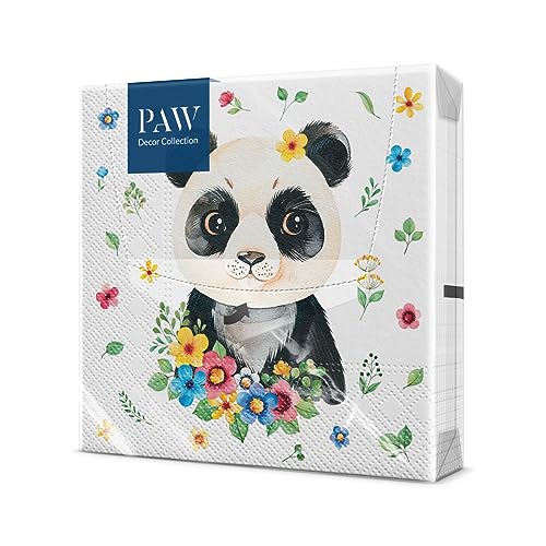 PAW - Servietten 3-lagig (33 x 33 cm) I 20 Stück I Perfekt für Kindergeburtstage, Partys, Kommunion und Feiern I Papierservietten Bunt mit Party Motiv I Panda, Party, Tiere - Flower Panda von PAW