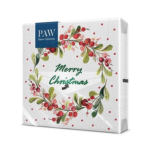 PAW - Servietten 3-lagig (33 x 33 cm) I 20 Stück I Papierservietten Bunt Perfekt für den Weihnachtstisch I Servietten - Weihnachten, Winter, Weißdornkränze I Berries Ring (eng) von PAW