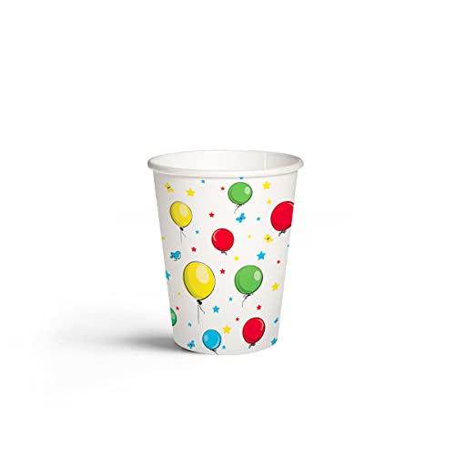 PAW - Pappbecher (250 ml) I 8 Stück I Becher Gedruckt mit Wasserbasierten Farben I Einwegbecher für Hochzeit, Kinder Party, Partybedarf, Kaffee, Tee I Kaffeebecher - Luftballons, Weiß, Bunt von PAW