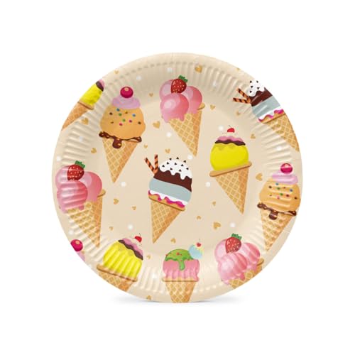 PAW - Pappteller (23 cm) I 8 Stück I Einwegteller Ideal für Hochzeit, Kommunion, Partys, Geburtstag I Papiertellerdruck auf Wasserbasis I Partybedarf 100% Biologisch Abbaubar I Ice Cream von PAW Decor Collection