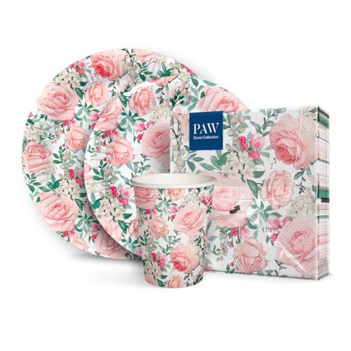 PAW - Partygeschirr Set I 16 Personen, 68 Elemente I Party Geschirrset - 20 x Papierservietten, 32 x Pappteller, 16 x Pappbecher I Einweggeschirr Set - Elegant, Klassisch, Rosen (Gorgeous Roses) von PAW Decor Collection