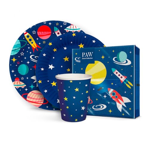 PAW - Partygeschirr Set I 16 Personen, 68 Elemente I Party Geschirrset - 20 x Papierservietten, 32 x Pappteller, 16 x Pappbecher I Einweggeschirr Set - Weltraum, Raumschiff, Sterne (Space) von PAW Decor Collection