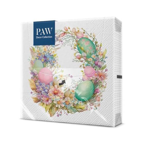 PAW - Servietten 3-lagig (33 x 33 cm) | 20 Stück | Perfekt für Ostern, Partys, Frühling und Feiern | Tischdeko Osterfeier Bunte Papierservietten - Ostereierkranz | Easter Wreath von PAW Decor Collection