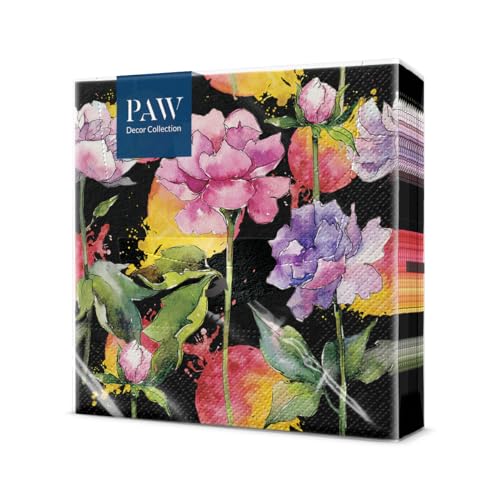 PAW - Servietten 3-lagig (33 x 33 cm) I 20 Stück I Perfekt für Geburtstage, Partys, Hochzeiten, Kommunion und Feiern I Tischdeko Bunte Papierservietten - Bunte Aquarellblumen Flora I Nora Flower black von PAW Decor Collection