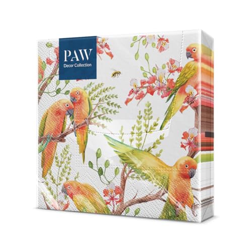 PAW - Servietten 3-lagig (33 x 33 cm) I 20 Stück I Perfekt für Geburtstage, Partys, Hochzeiten, Kommunion und Feiern I Tischdeko Bunte Papierservietten - Exotische Vögel Fauna & Flora I Exotic Birds von PAW Decor Collection