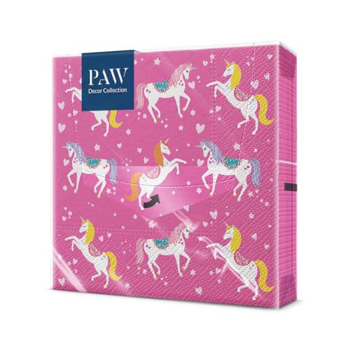 PAW - Servietten 3-lagig (33 x 33 cm) I 20 Stück I Perfekt für Partys, Geburtstage, Feiern I Kinderparty Tischdeko - Bunte Papierservietten mit Motiv - Einhörner Rosa I Unicorn Flower Head von PAW Decor Collection